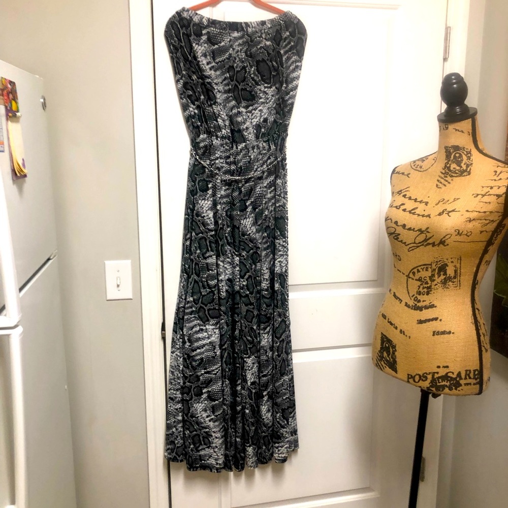 Strapless wide leg snake print jumpsuit with chain belt